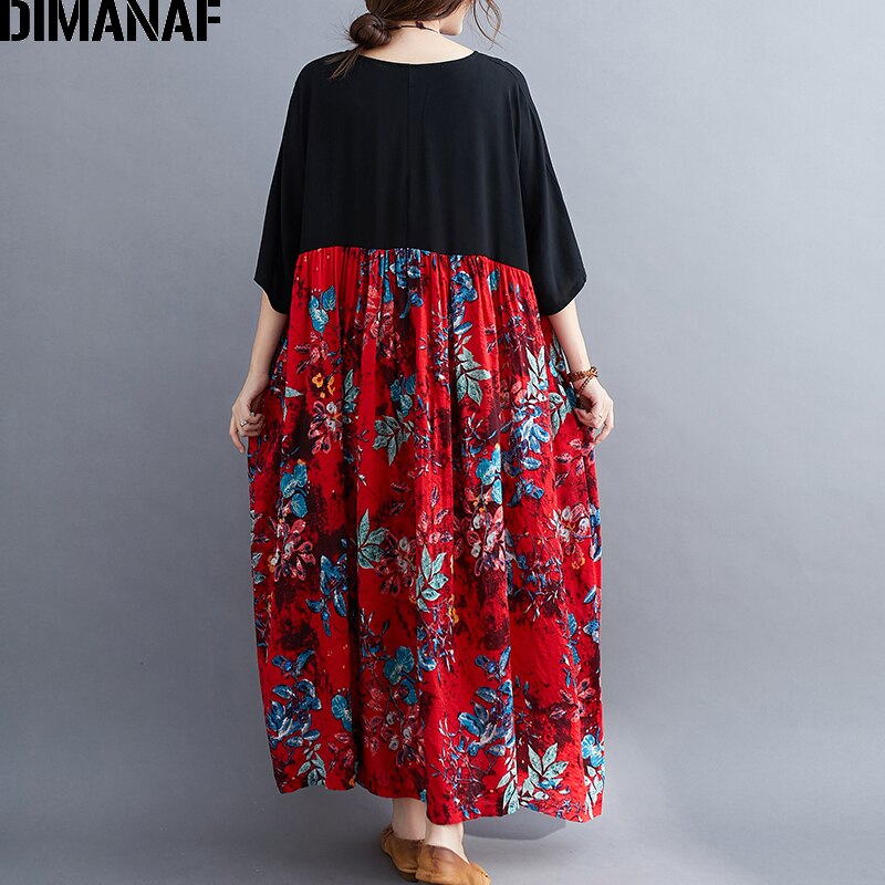 DIMANAF Plus Size Women Dress Print Floral Cotton Sundress Lady Vestidos Spliced Black Loose Casual Maxi Dress 5XL 6XL Clothing