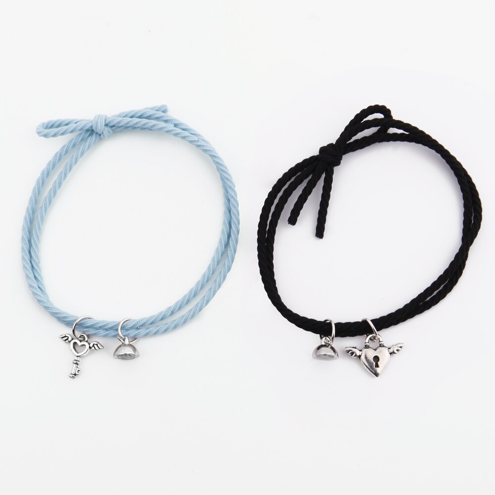 2 pz/set cuore magnetico attraente coppia bracciale ciondolo gioielli belli Charms braccialetto corda braccialetti per le donne e gli uomini: Blue and black