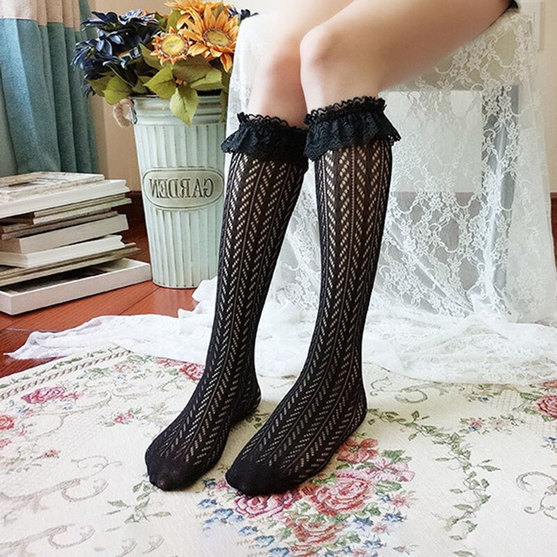 Medias altas de encaje blanco de Lolita japonesa para mujer, medias transparentes de rejilla, hasta la rodilla, medias de pierna, ropa de calle