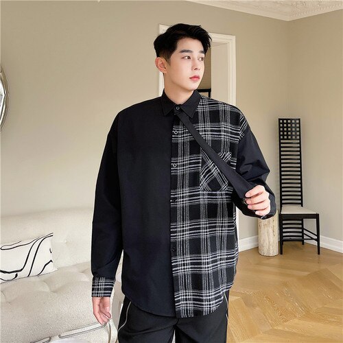 Men Tie Plaid Splice Loose Casual Long Sleeve Shirt Man Streetwear Vintage Dress Shirts Male: S130 black / L