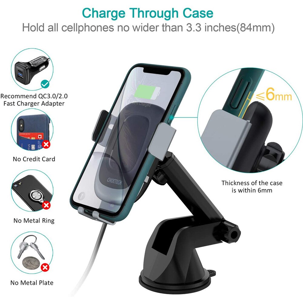 Choetech carregador sem fio montagem 15 w/10 w/7.5 w vent carro qi carregamento rápido suporte do telefone aperto automático para iphone 11/xr/xs, lg v30