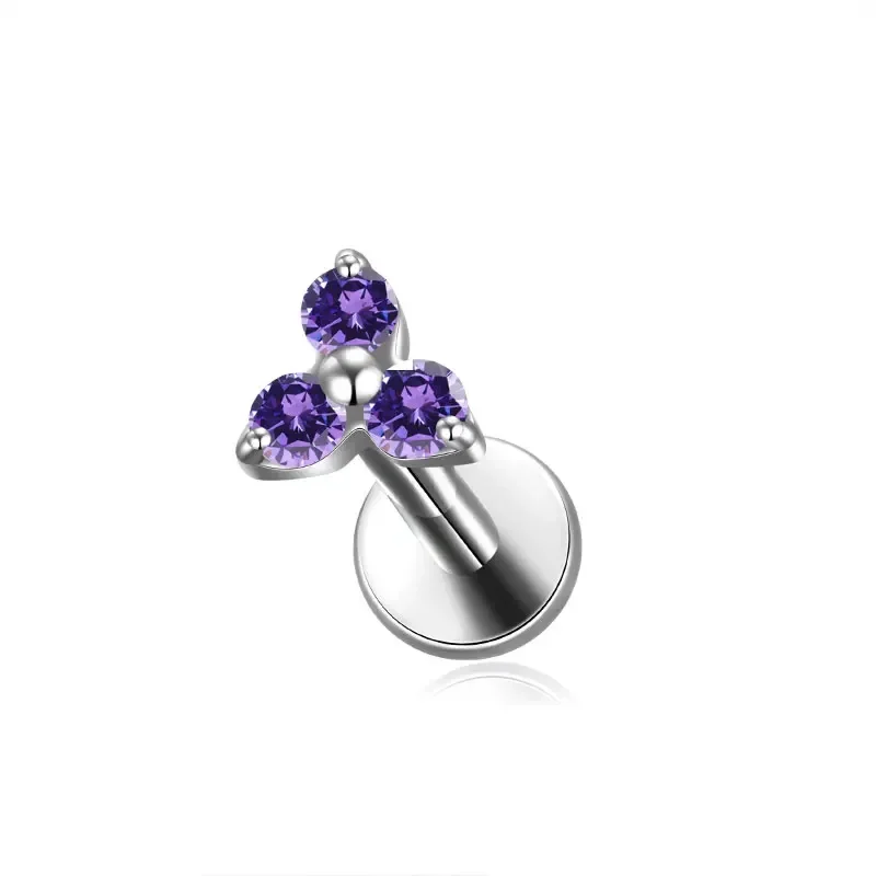 ASTM F136 Titanium Trinity Piercing Zirconia Paved Top Threaded Labret Studs Tragus Earrings Lip Tongue Stud Piercing Jewelry: Blue / Imitation Rhodium Plated