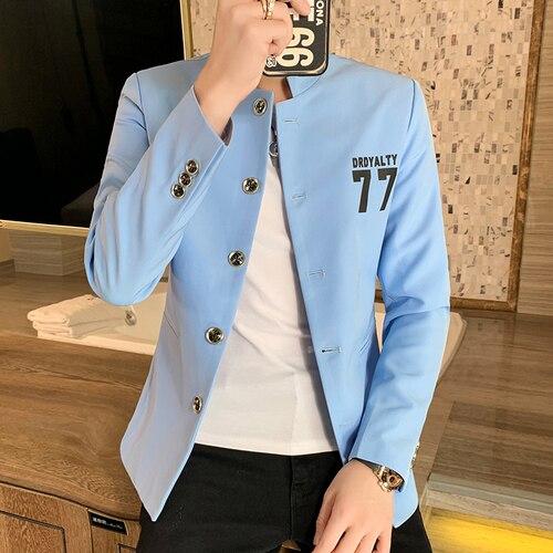 Herfst opstaande kraag heren blazers casual kostuum jas straatkleding sociaal mantelpakje bruiloft zakelijk terno blazer masculino: Hemelsblauw / Xxxl