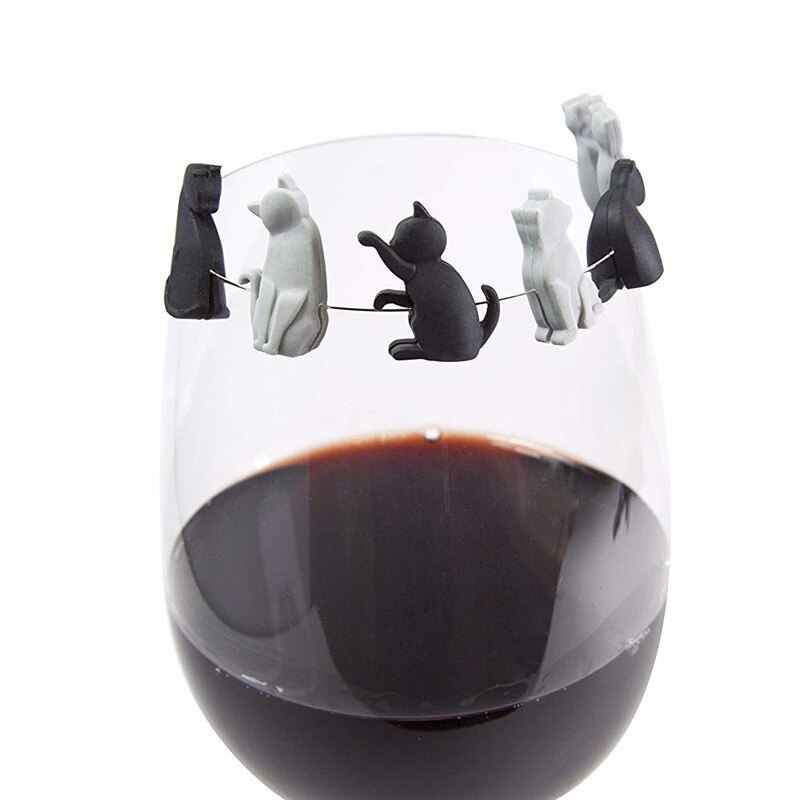 6Pcs Kat Vorm Party Wijnglas Marker Charms Siliconen Wijn Cup Mark Drinken Maatje Cup Identificatie Kat Minnaar Bar accessorie
