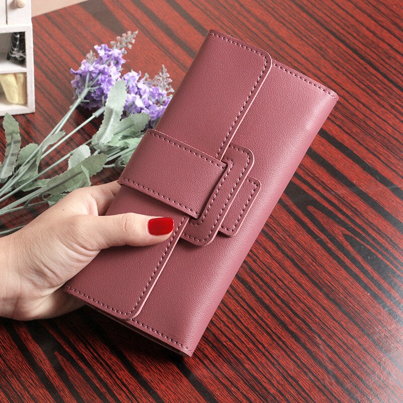 Women Long Wallet Three Fold Clutch Multi-functional PU Leather Bag Simple Leather Wallet Purse Clutch: Deep Pink