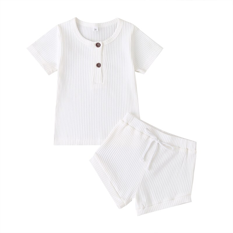 2021 set da bambino neonate ragazzi abiti lavorati a maglia neonato T-Shirt manica corta Top pantaloncini tinta unita abiti estivi per 6-24M: WHITE / 18m