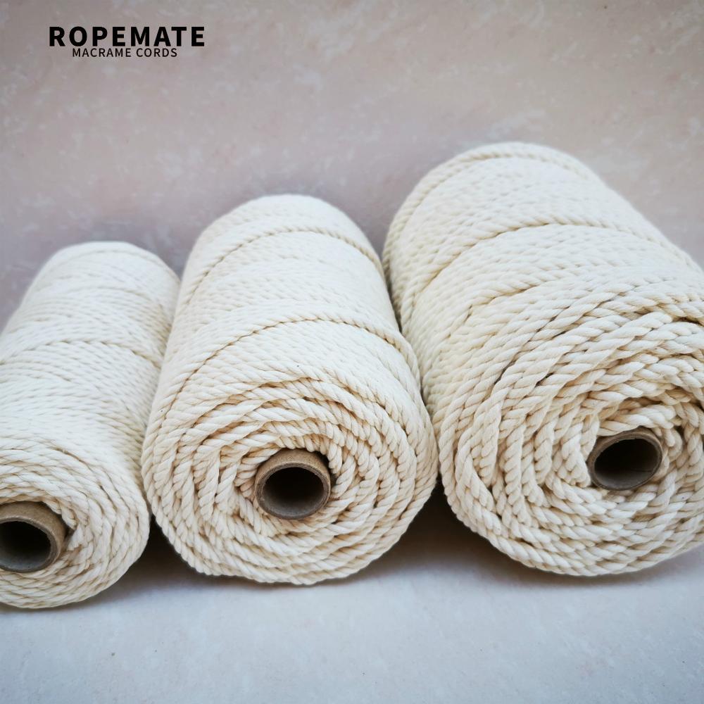 Ropemate premium blød bomuldssnor 3 mm 4mm 5mm 100m - 3- lags - naturlig farve til håndværk diy indretning