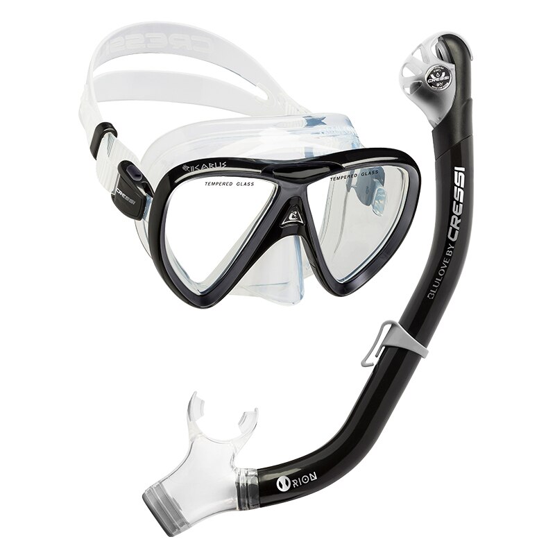 Cressi IKARUS-máscara de buceo, conjunto de esnórquel, máscara de silicona de secado superior, Combo de lentes de vidrio templado para adultos: BLACK CLEAR