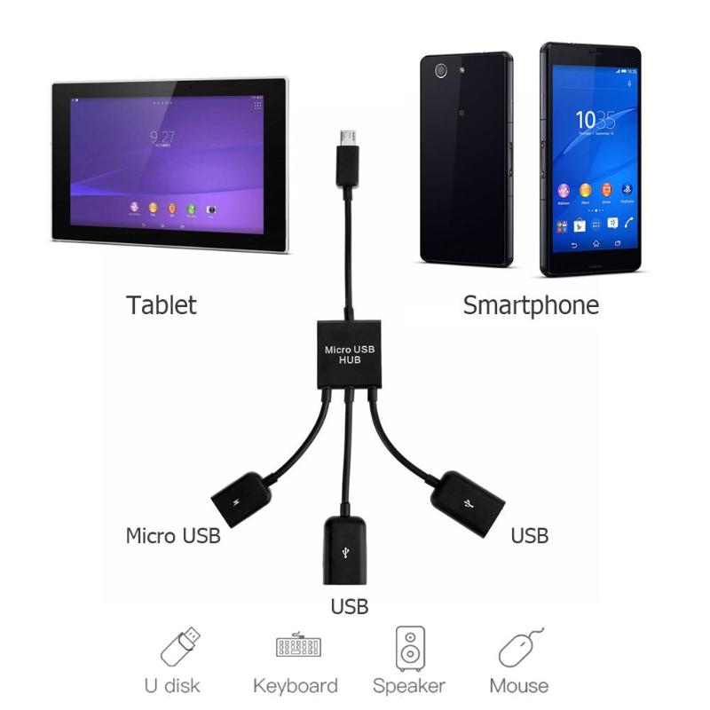 Micro USB HUB 3 in 1 Man-vrouw Dubbele USB Host Power Opladen OTG Hub Cable Adapter Converter Extender voor Mobiele Telefoon