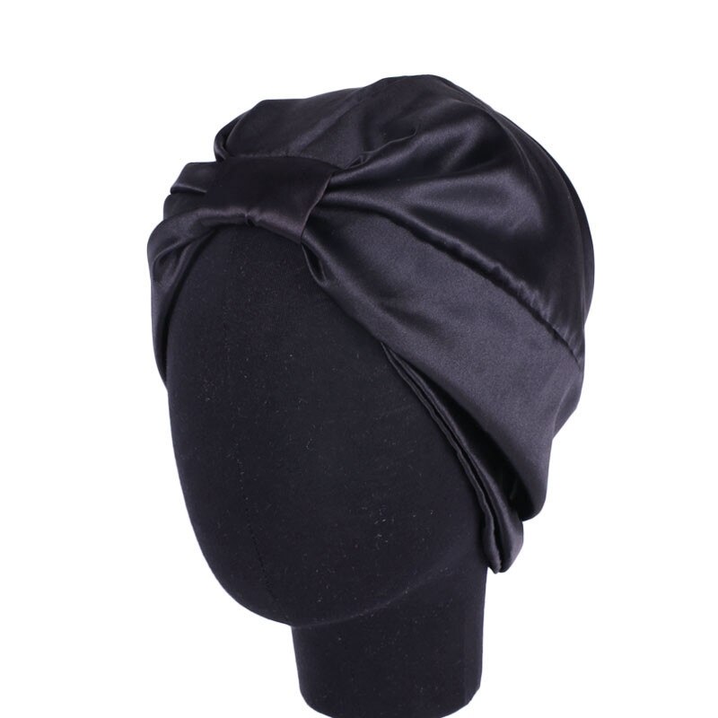 Satin hætte hårhætter salon nat hår hat naturligt krøllet hår dobbelt elastik bade søvn kvinder hovedbetræk wrap hat: Sort
