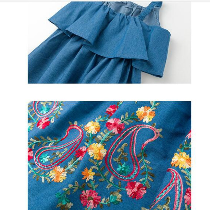 Girls Dress Summer Sleeveless Mother Daughter Dresses Ruffle Children Clothing Jeans Embroidery Kids Dress 10 12 14 16 Years