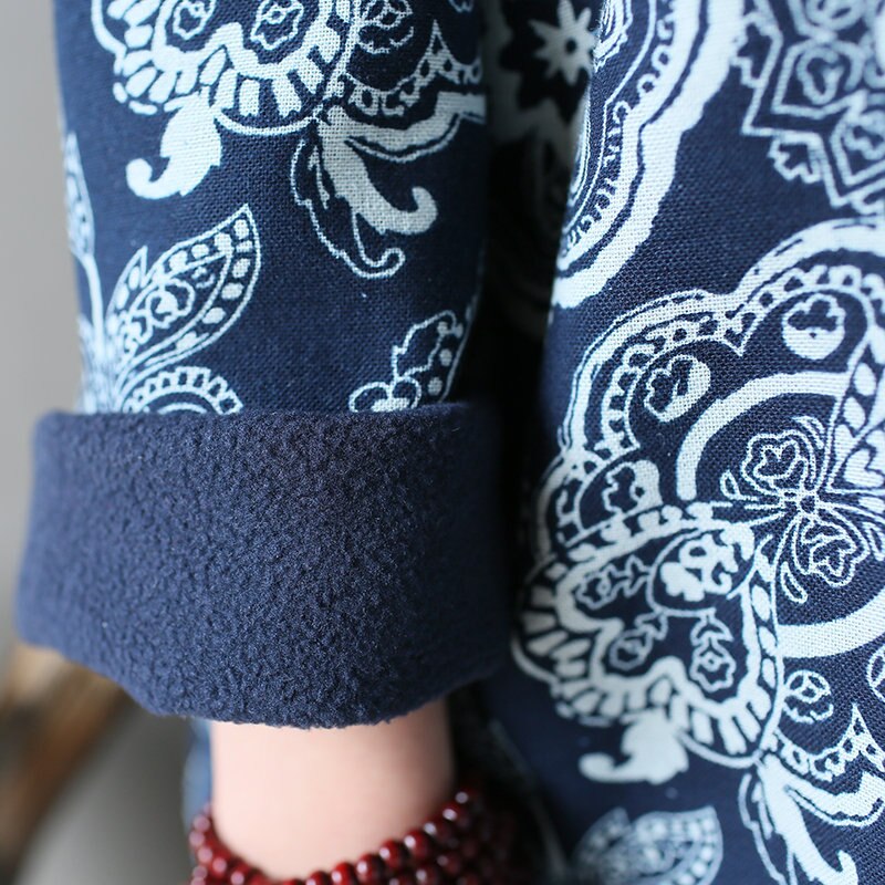 Johnature kvinder vintage kjole hvid og blå kinesisk stil cheongsam efterår vinter stand langærmet fleece varm kjole