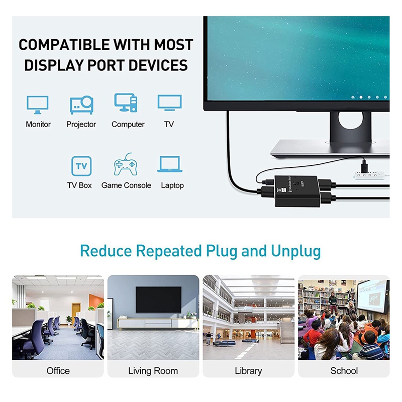 A19f-8k displayport-svitsj 2 i 1 ut / 1 i 2 ut displayport dp-svitsj støtter 8k 30hz 4k 120hz til pc-skjerm, bærbar pc osv.