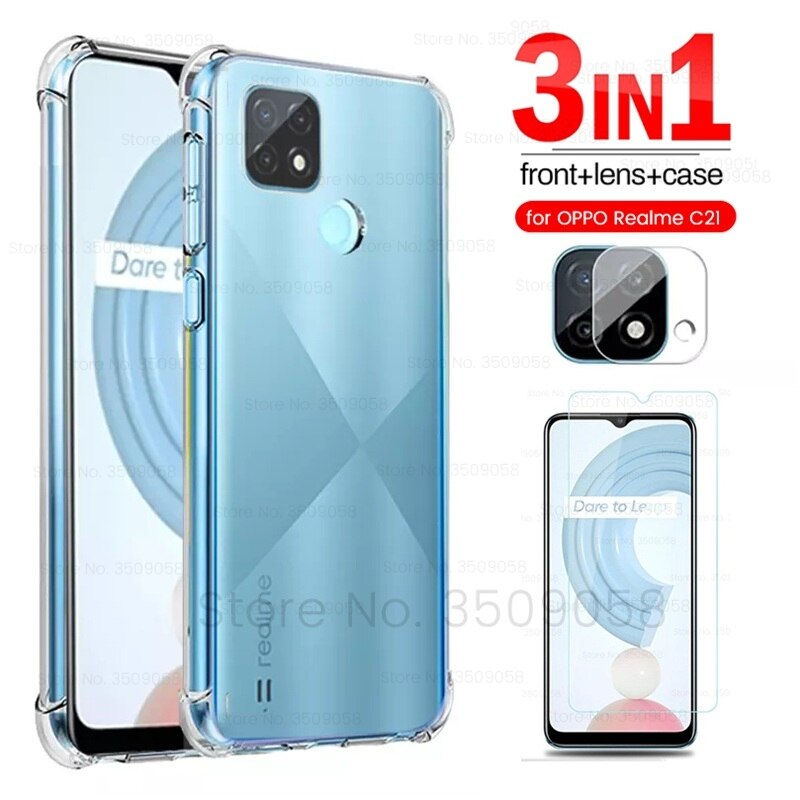 Realmi-funda de vidrio templado C21 para cámara RealmeC21, funda de teléfono con Airbag transparente, Relme C21 C 21, funda de silicona suave a prueba de golpes: 3in1