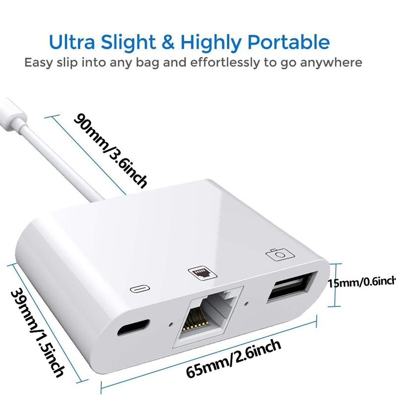 Ingelon【adaptateur Lightning vers Ethernet (Port RJ45), + USB + adaptateur Lightning Hub, adaptateur de caméra pour iPhone, iPad vers USB
