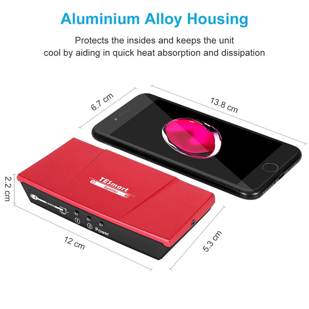 TESmart Mini 2 Port HDMI 1x2 Powered Amplifier Splitter Dual Display with Full HD 4K,1080P, 3D,HDCP, Deep Color,Red