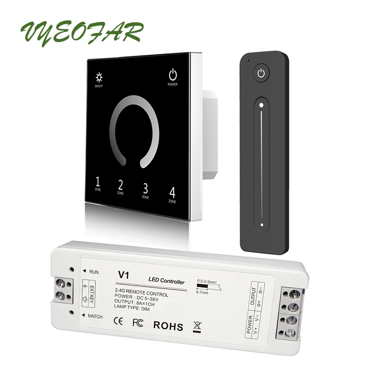 Tira dimmer led 230v 110v painel de toque, 4 zona wi-fi 2.4g rf remoto 12v único controle de tira colorida 8a, receptor sem fio