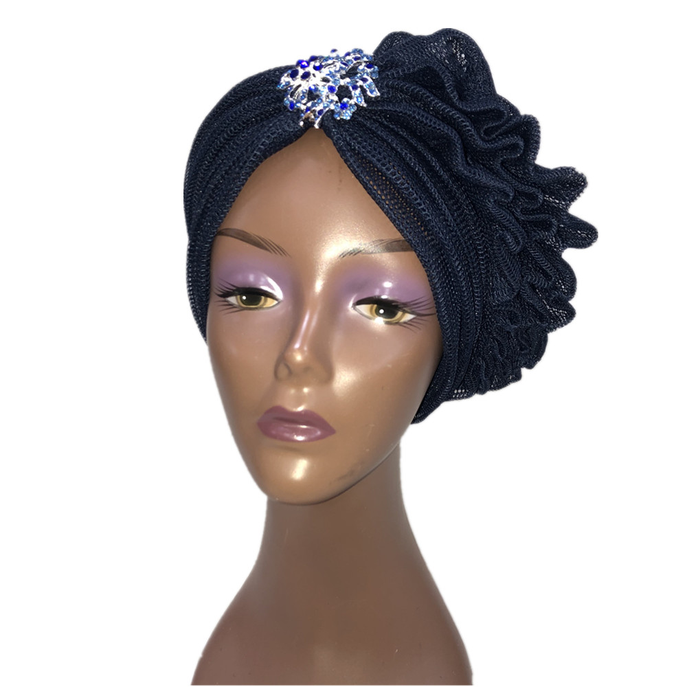 Blue Aso Oke Gele African Headtie Already Made Gele Head Wrap Ladies Hat auto headtie Muslim aso oke gele-: 6