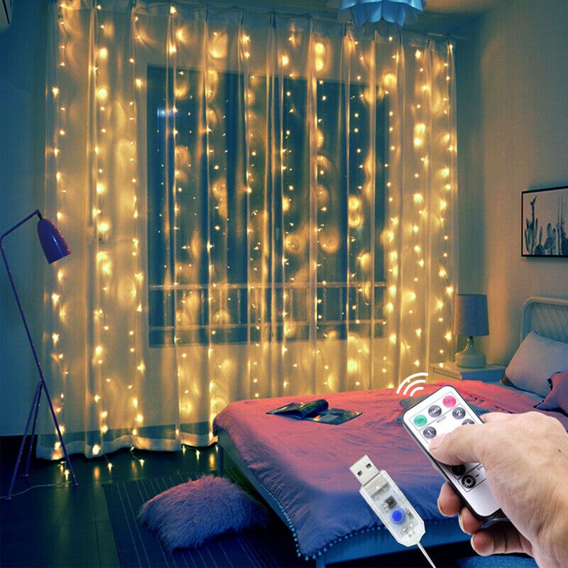 Rideau avec guirlande LED, lumière féérique, USB, avec télécommande, 3 m, décoration d'intérieur pour fenêtre et chambre, Noël et Nouvel An