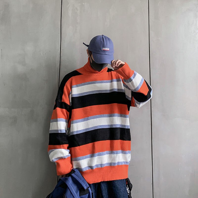 Vinter randig turtleneck tröja herr varma casual stickad tröja män vilda lös koreanska stickning tröjor herrkläder: Orange / Xxl
