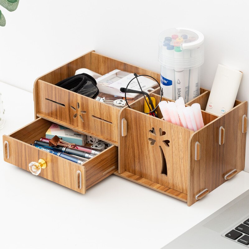 Wooden Office Desk Organizer DIY Document File Multifunction Accessories Storage Magazine Book Shelf pen pencil holder: C brown