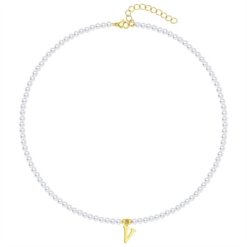 Gouden Letters Initial Hanger Ketting Diy Naam Gesimuleerde Parels Kralen Kettingen voor Vrouwen Parel Vrouw Choker Sieraden: Platinum Plated