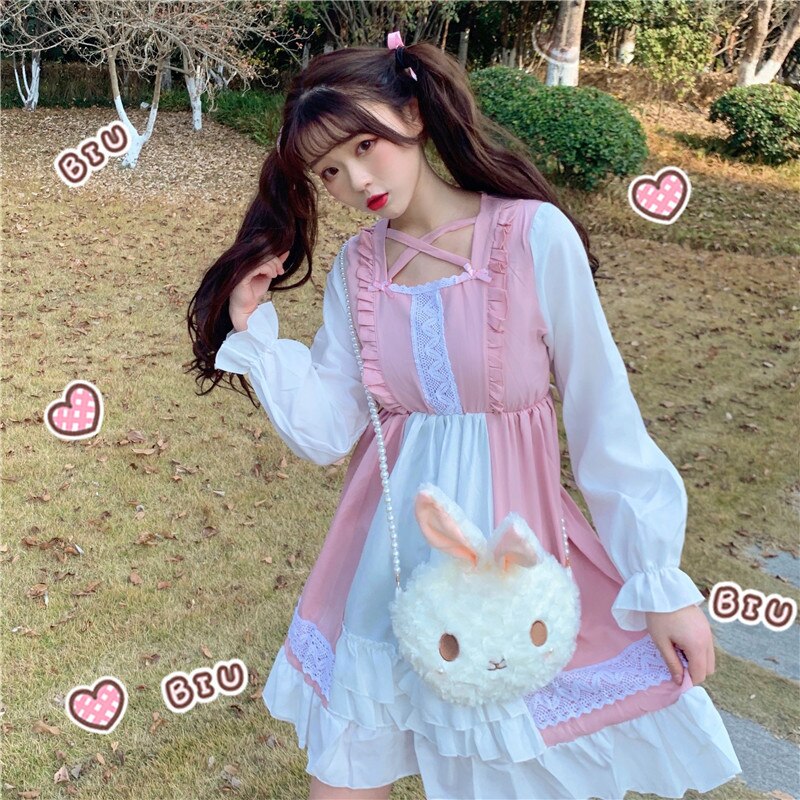 Kawaii lolita jurk dames lange mouw zwart/roze kostuums japanse zoete lolita outfit gothic meid jurk cosplay uniform  vo738