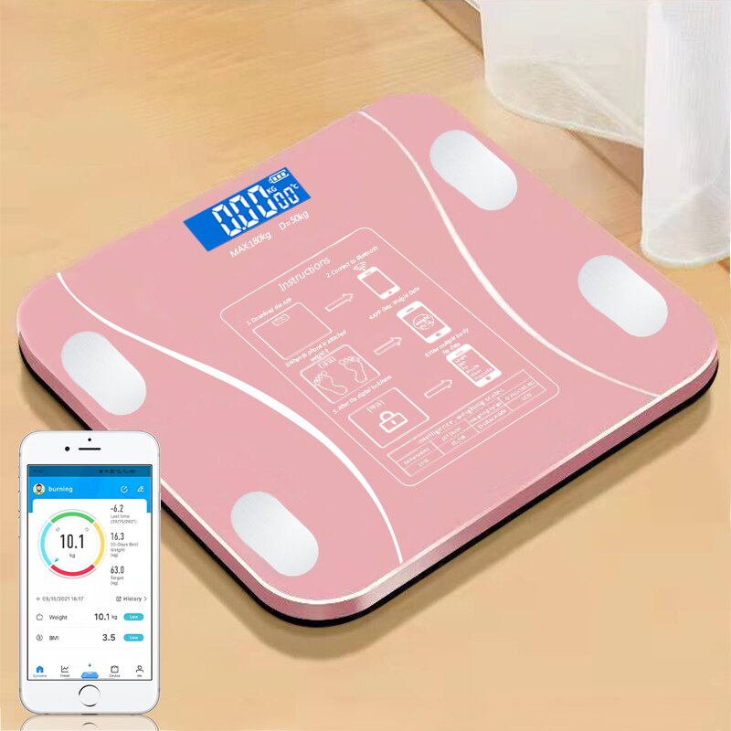 Balance électronique intelligente de salle de bain, Bluetooth, graisse corporelle, LED, 18 données, analyseur d&#39;imc, synchronisation avec application rose