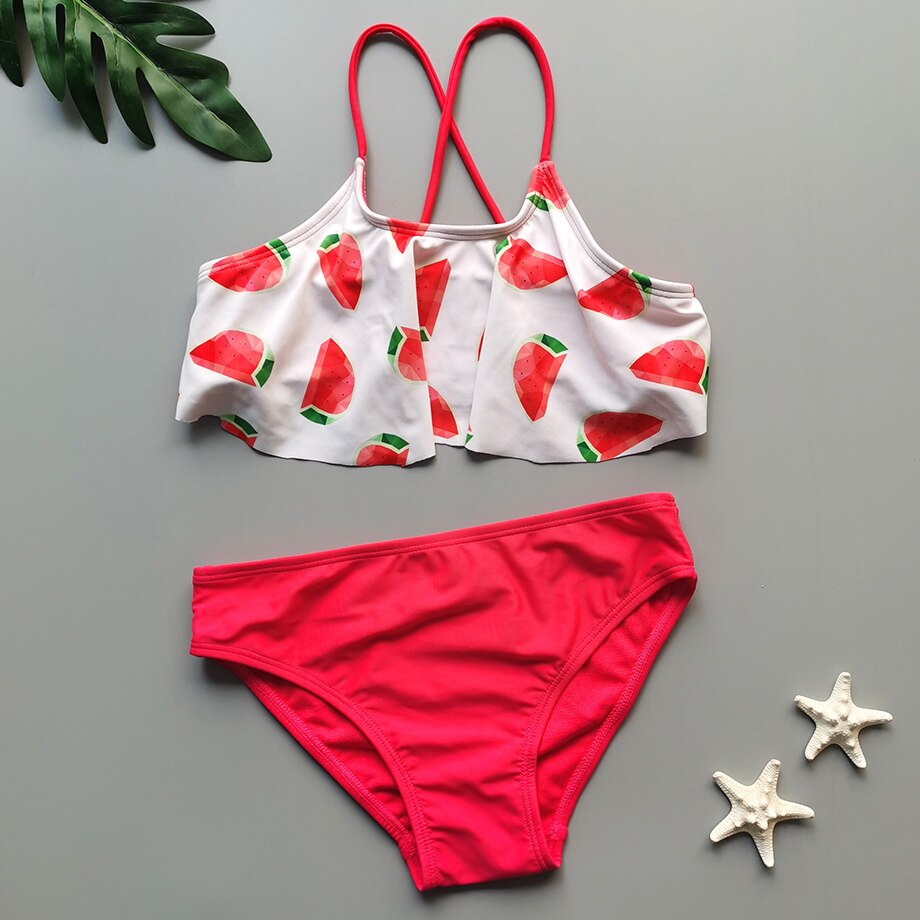 6-16 Years Girl Swimsuit Kids Ruffle Teenage Girl Bikini Set Watermelon Print Two Piece Children's Swimwear Big Girl Bathng Suit