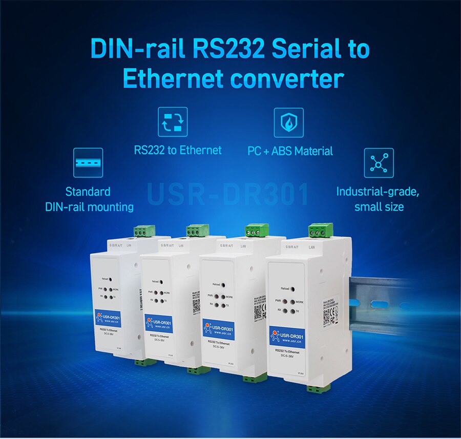 USR-DR301 DIN-Rail Modbus RS232 Serial port TO Ethernet Converter bidirectional transparent transmission between RS232