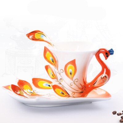 Ensemble de tasses à café paon en porcelaine émaillé 3D, artisanal à la main, avec soucoupe et cuillère, en céramique, tasse à thé et à eau: 230ml / Orange