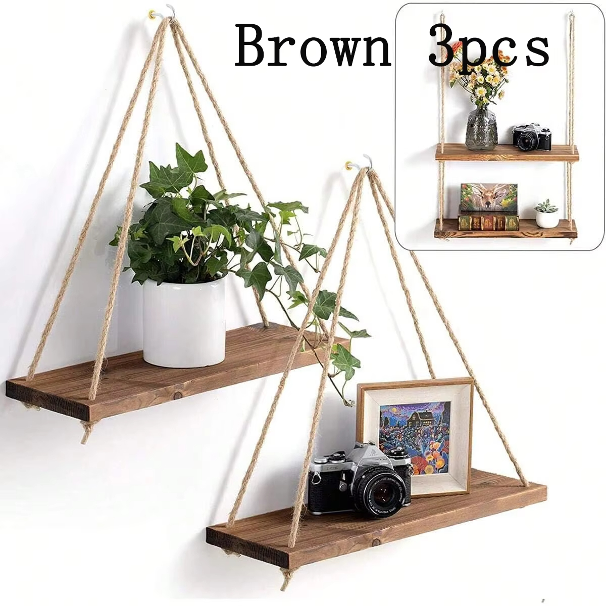 Étagère Murale Flottante en Corde de Chanvre, Balançoire en Bois, Décoration de Jardin, Maison, Salon, Pot de Plantes et de Fleurs, 1 Pièce: Marine
