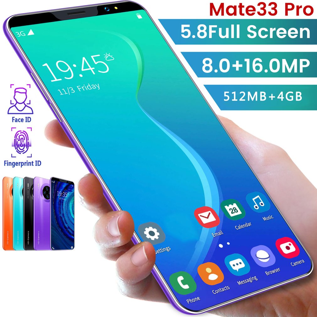 Mate33 pro smartphone com 512m + 4ggb grande memória 5.8 Polegada suporte de tela face/impressão digital desbloqueio duplo sim telefones celulares