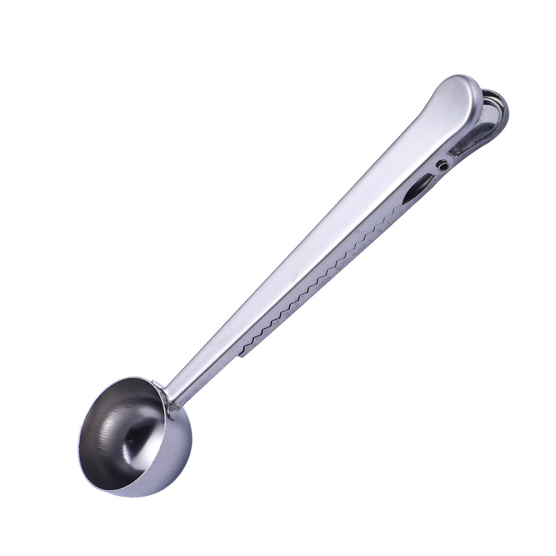 Cuchara de café con mango largo y Clip para cocina, suministro de leche en polvo, condimentos líquidos, cucharas medidoras de buen sellado: Plata