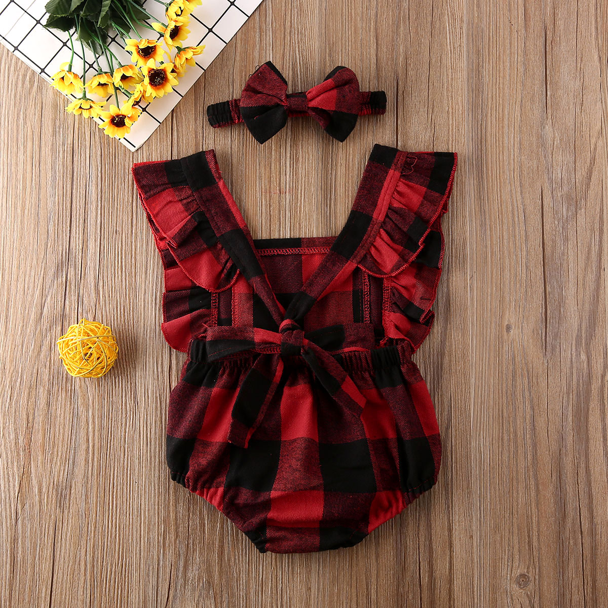 Baby Summer Clothing Newborn Baby Boy Girl Christmas Red Plaid Bodysuit Headband 2Pcs Outfit Xmas Set Ruffled Sleevless Set