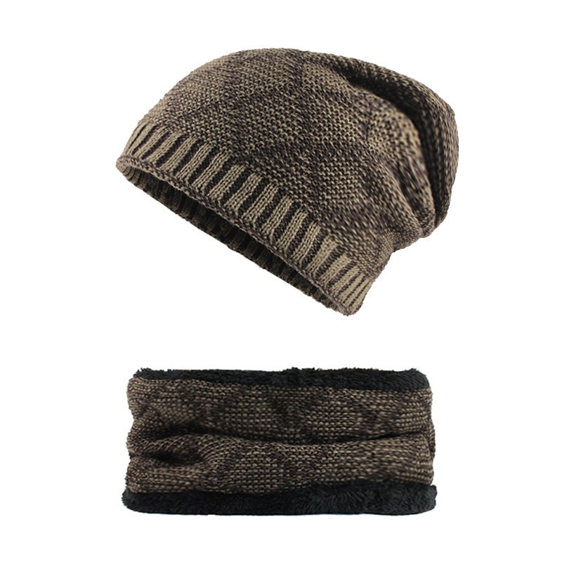 nouvelle de luxe tricot Beanie chapeau écharpe hommes hiver Plaid Plus velours écharpe épaissir couverture Cap écharpes Ski Bone: Kaki