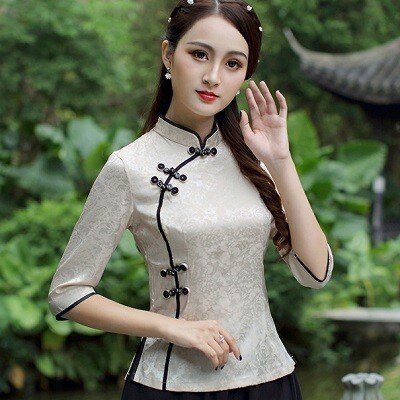 Chinese Tops Blouse Tang Ancient Chinese Style Seven Sleeve Cheongsam Shirts Jacket Tea Service Chinese Clothing Store Plus Size: Beige / S