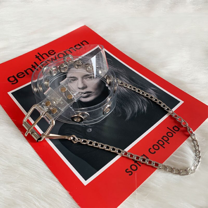 Punk pvc dam bälten silver fyrkantigt spänne med kedja genomskinlig midjerem jeans byxor casual svart dam kvinnlig midjeband: Vit med kedja