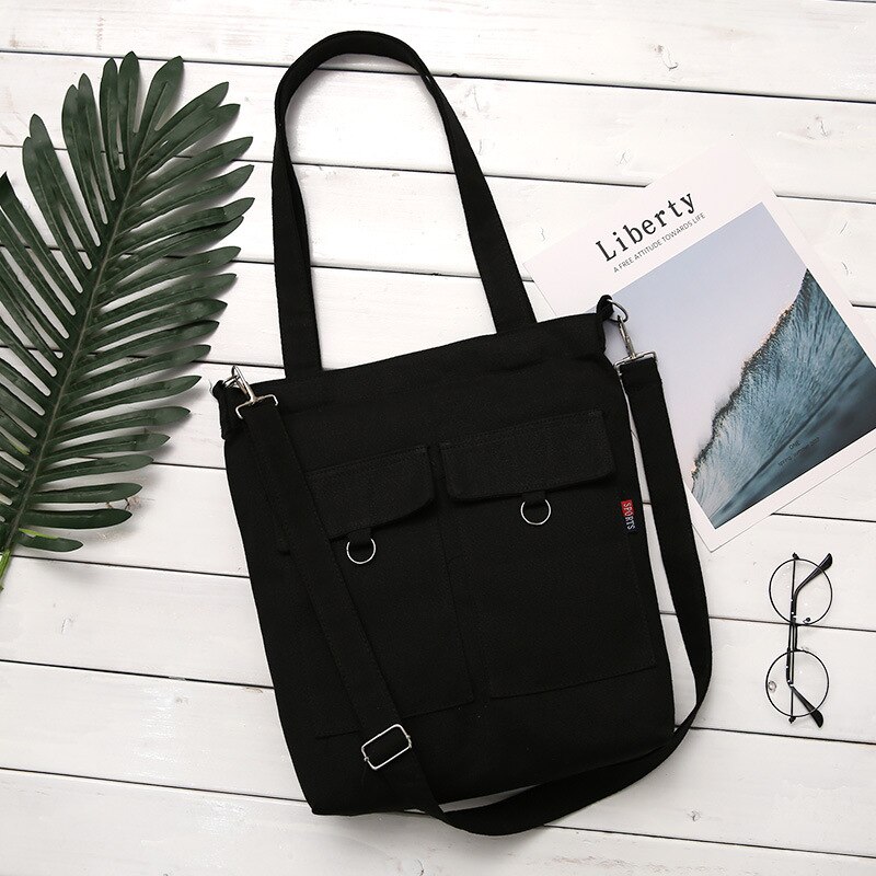 Zachte canvas tas met grote capaciteit, damesboodschappentas, casual hasp damestas met één schouder: Zwart
