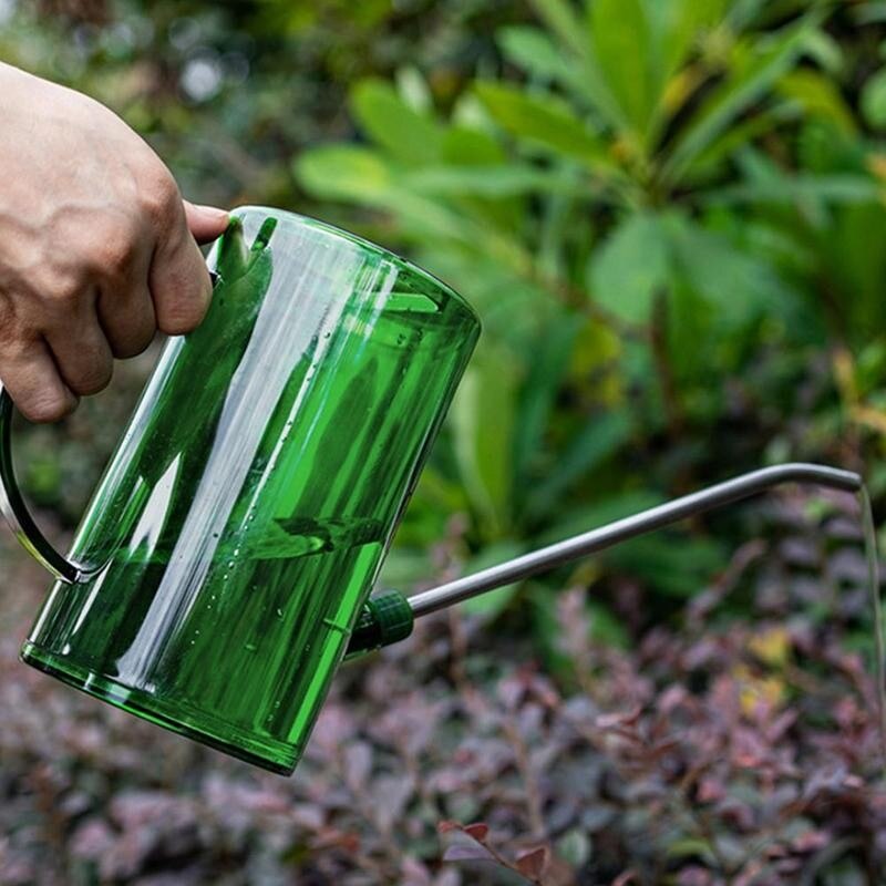 Regadera de acero transparente de boca larga para plantas, bote rociador duradero de 1L, herramientas de jardinería, regadera de flores