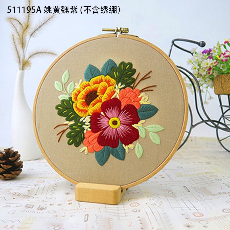 Broderi blomster materiale pakke gør det selv broderi kit til begyndere bambus bøjle håndlavet korssting syudstyr broderie: 511195a