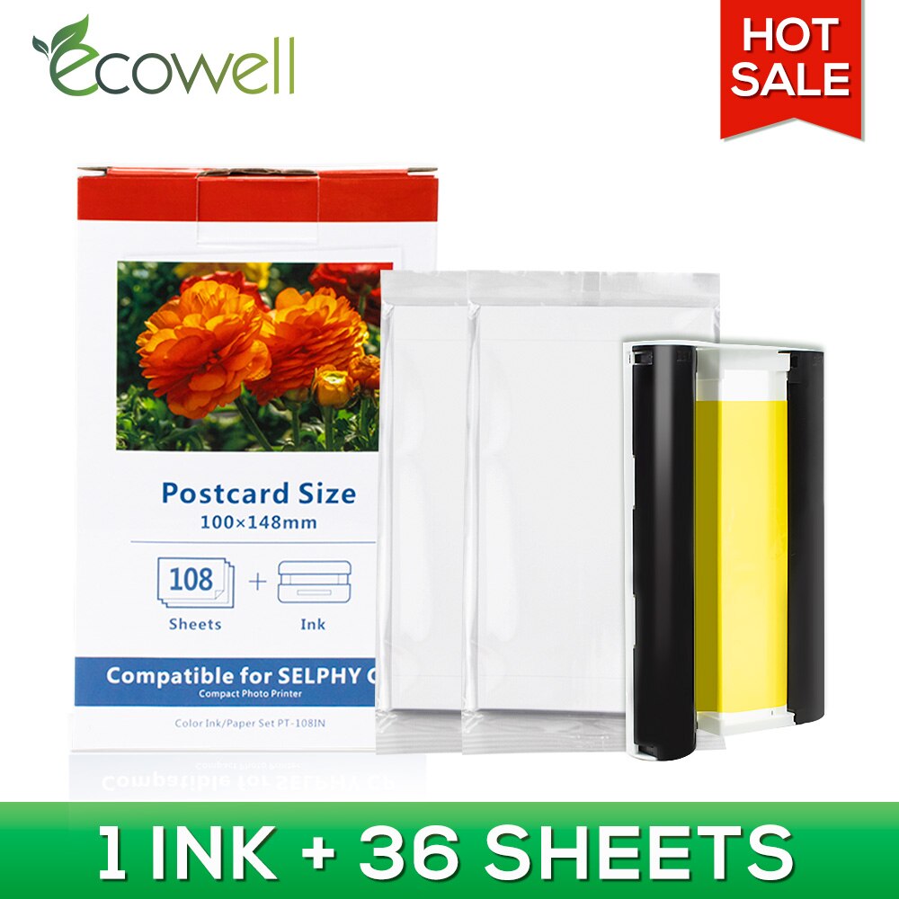 ECOWELL compatible for Canon Selphy Color Ink Paper Set Compact Photo Printer CP1200 CP1300 CP91CP910 CP900 KP 108IN KP 36IN: 1ink 36sheets