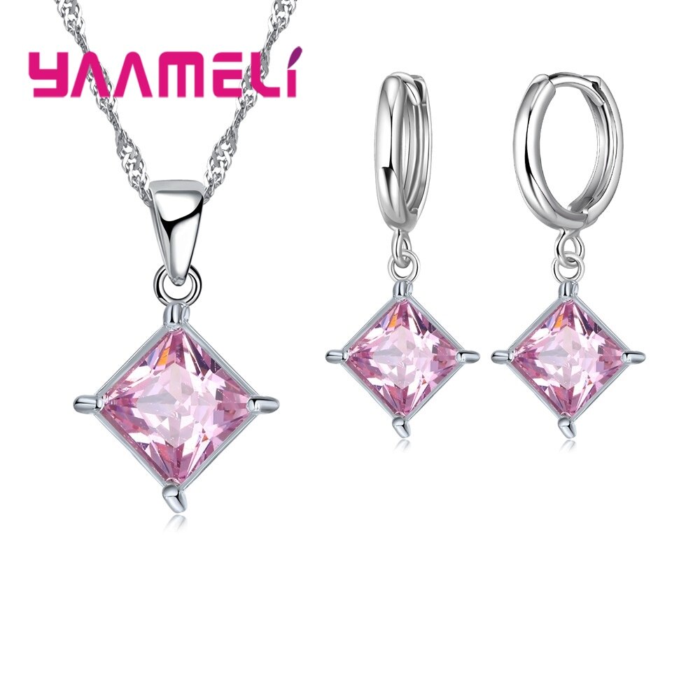 Authentieke 925 Sterling Zilveren Glanzende Cz Geometrische Klassieke Vierkante Huggie Oorbellen Ketting Sets Voor Vrouwen Fijne Sieraden: Pink