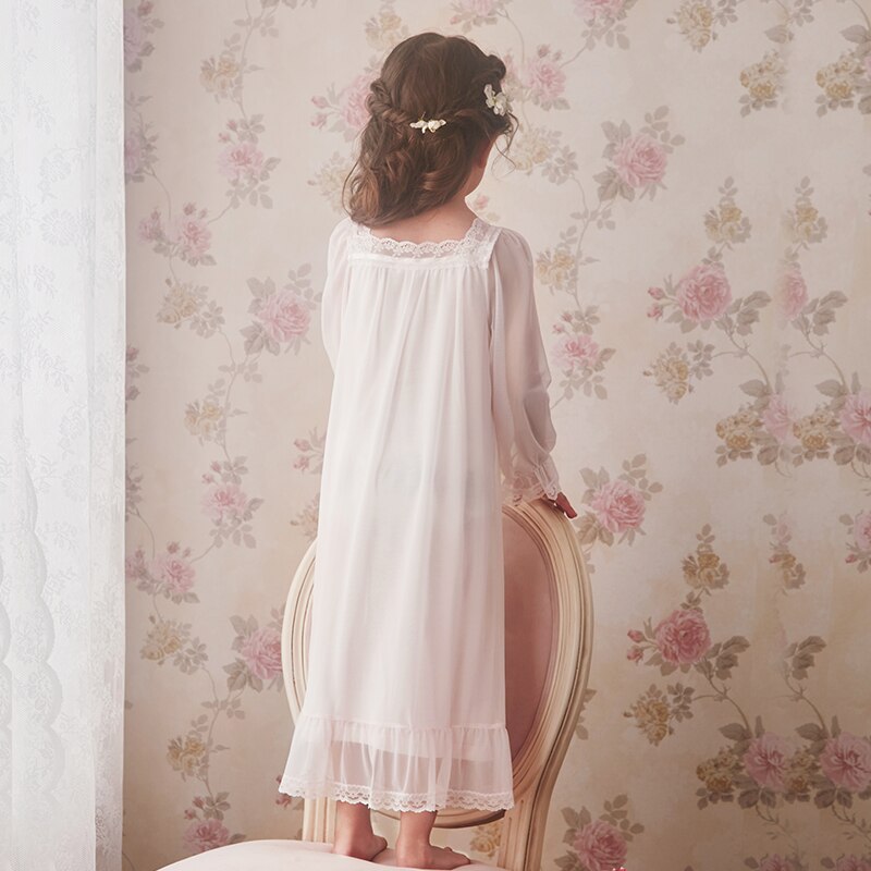 Camisón de princesa para niñas pequeñas, vestido de dormir de malla de encaje, manga larga, longitud media