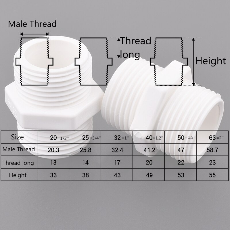 1/2"~2" Male Thread Equal Diameter Joints PVC Pipe Connector Garden Irrigation Fish Tank Aquarium Drainage Intake Joint