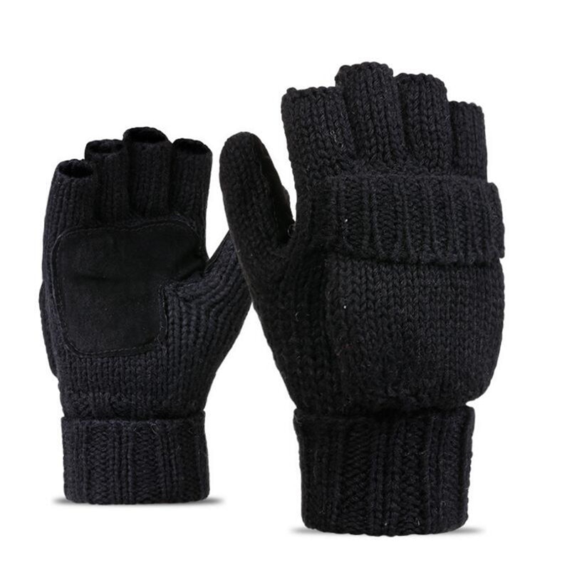 Unisex Plus Dikke Mannelijke Vingerloze Handschoenen Mannen Wol Winter Warm Blootgesteld Vinger Wanten Gebreide Warme Flip Half Vinger Handschoenen: Black