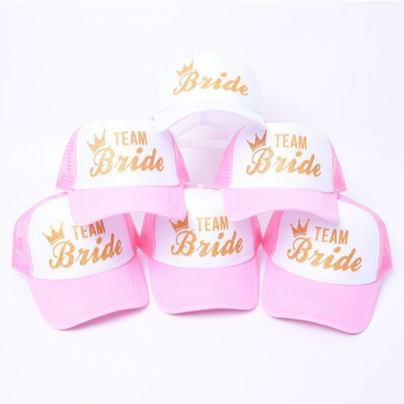 Bryllupsfest brud mesh snapback rosa lue cap wedding club gull brev trykt team brud baseball lue sommer trucker cap bein