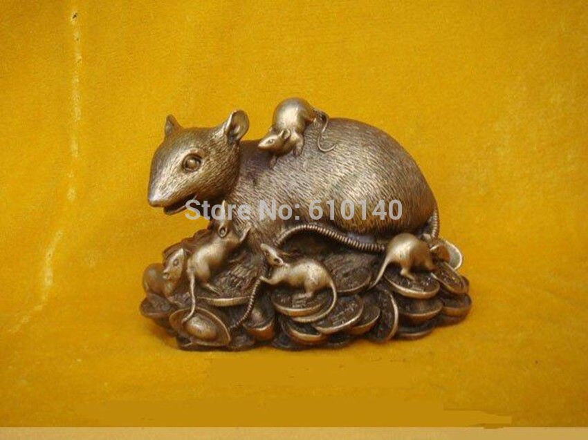 Chinese Bronzen Standbeeld Beeldje Rat Muis 4.8 "Breed