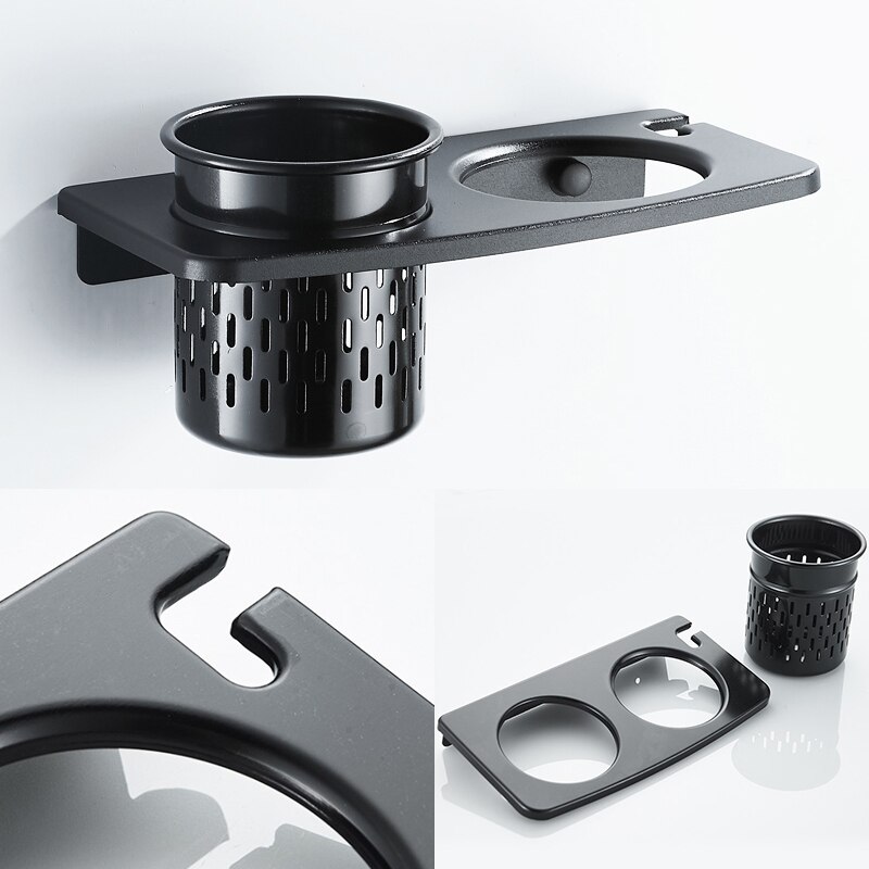 Föhn Houder Met Cup Huishoudens Muur Opslag Badkamer Accessoires Föhn Plank Metal Black Föhn Rack EL1035