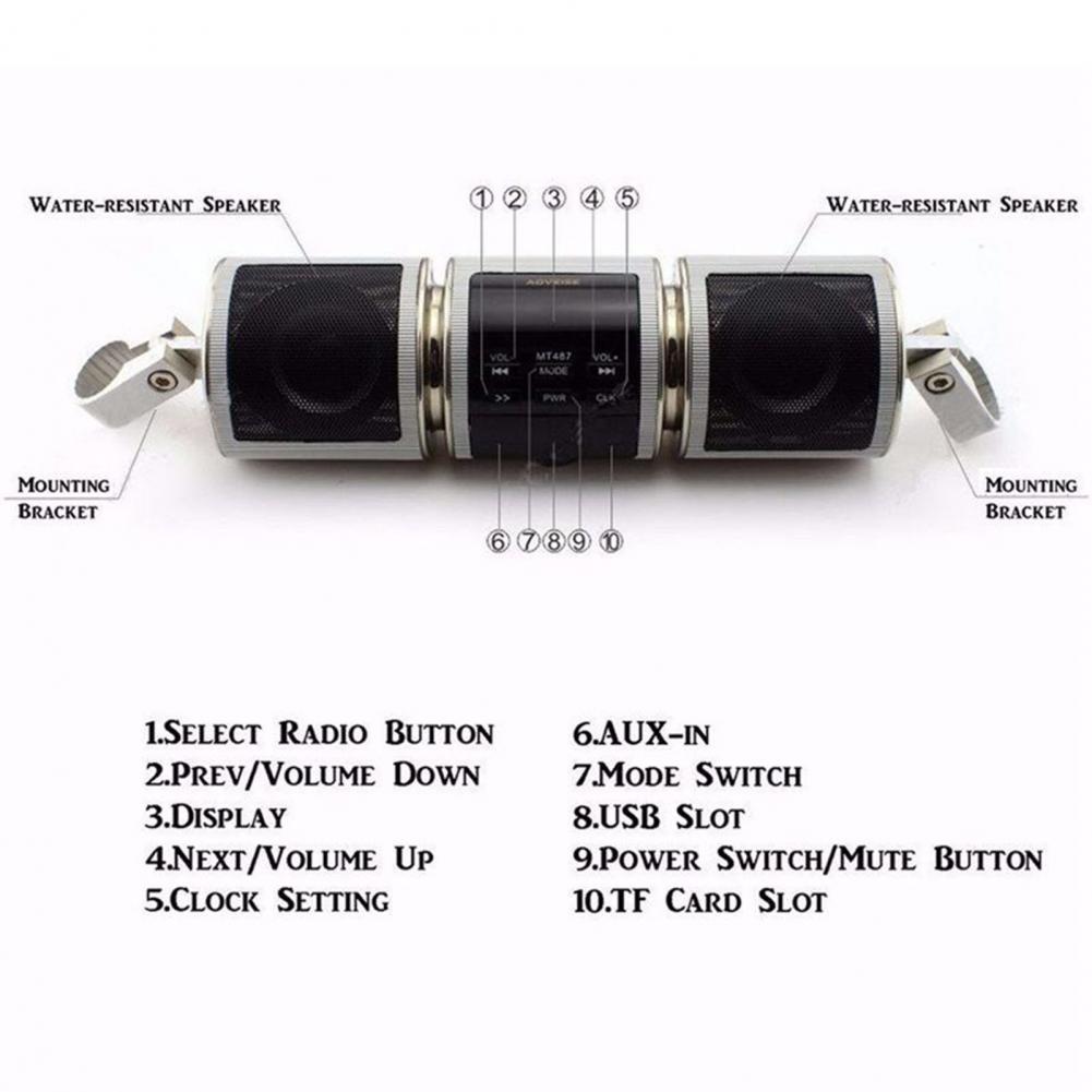Handlebar Motorcycle MP3 Player Speaker Bluetooth Music FM Radio Waterproof Adjustable Bracket Motorbike Audio Stereo 12V